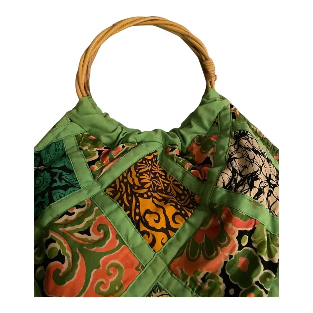 Vintage Handmade quilted patchwork hobo bag rattan handle water resistant lining